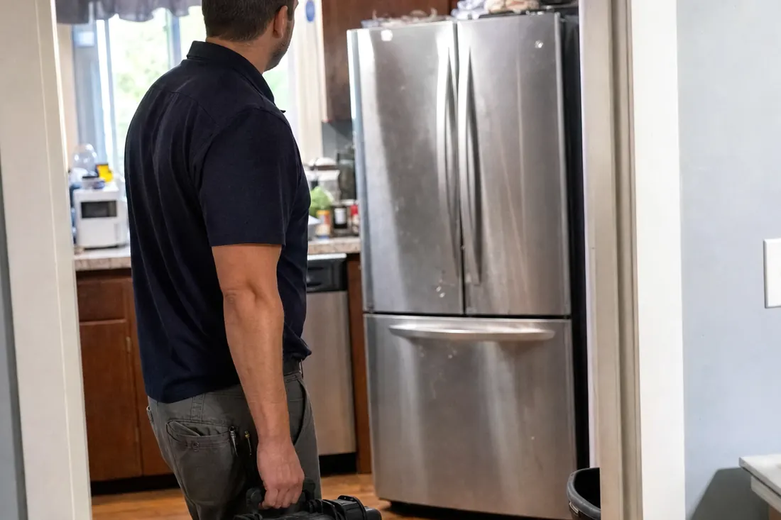 Technician with a tool case in a kitchen doorway, facing a stainless refrigerator, the stainless refrigerator in frame - What a Service Call Should Actually Include