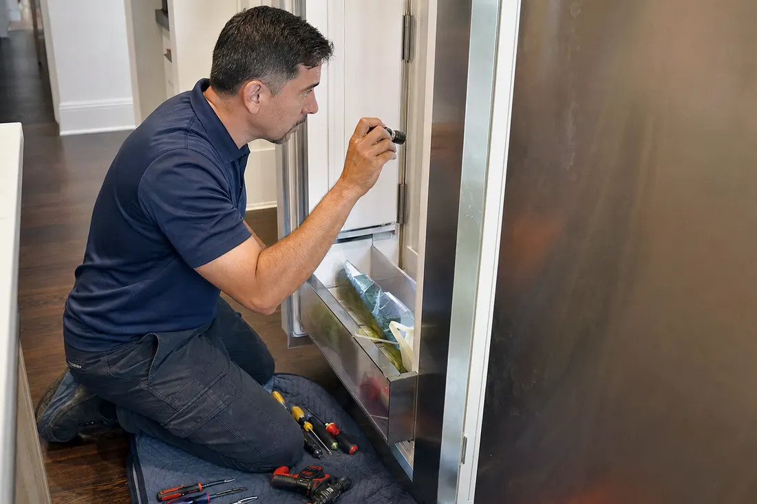 Technician checking inside an open built-in refrigerator with a flashlight, the glass shelves inside visible in the picture - Error codes