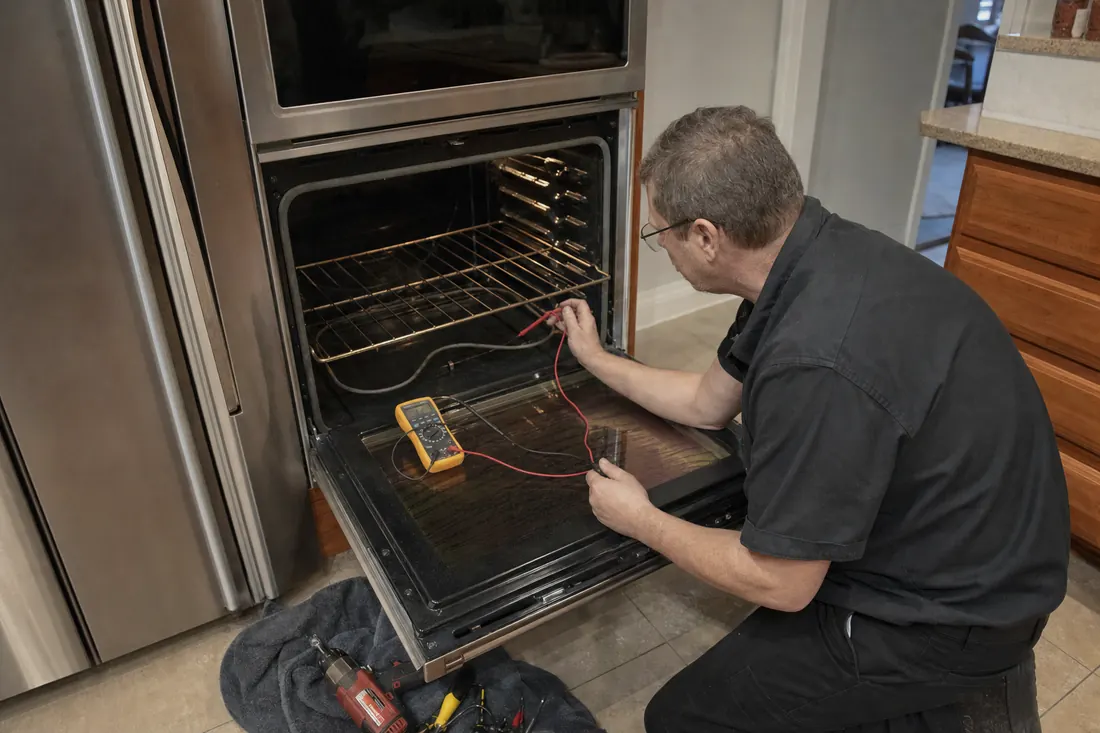 Technician testing the bake element of an open double wall oven with a multimeter - Gaggenau repair in Jacksonville and Northeast Florida