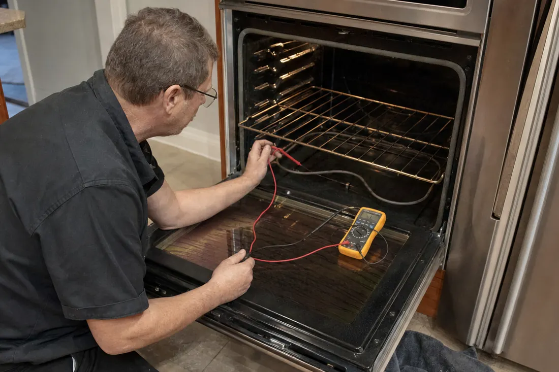 Technician testing the bake element of an open double wall oven with a multimeter, the oven racks in frame - Sub-Zero and luxury appliance repair in St. Augustine